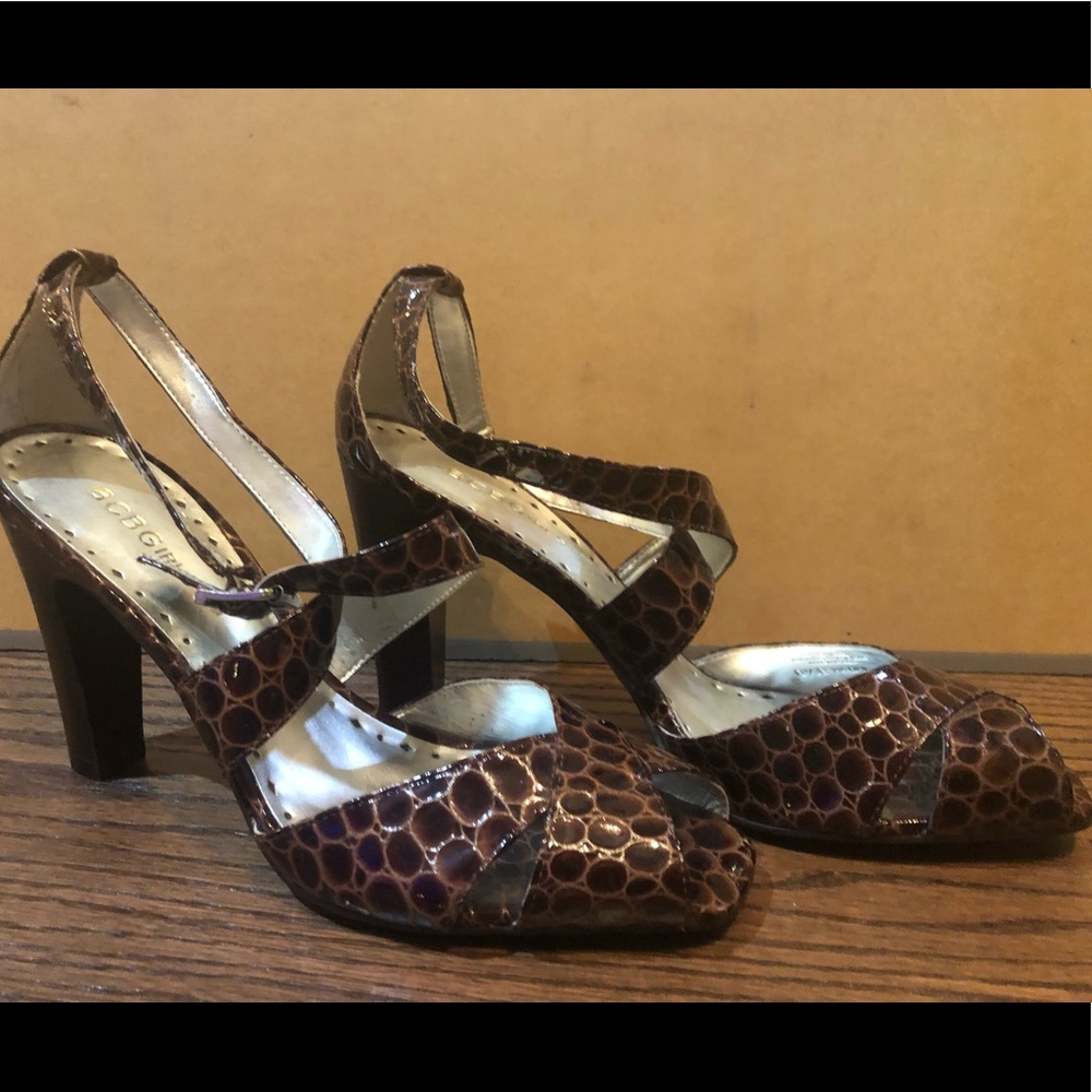 BCBGirls brown snake print peep toe strapy heels